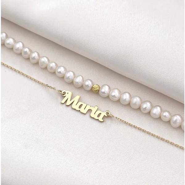 Lantisor cu Perle - Nume melodios - Model 2 straturi cu sirag perle si lantisor cu numele tau - Argint 925 placat cu Aur Galben 18K