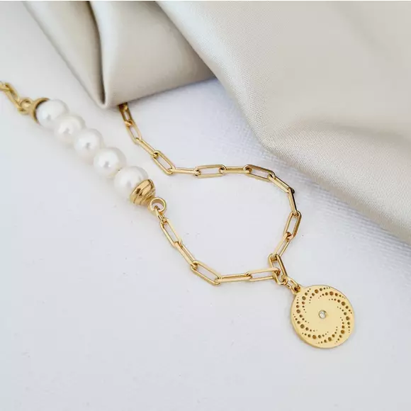 Lantisor cu Perle - Spirala de picaturi - Model 5 perle imbinate cu un lant cu zale - Diamant natural - Argint 925 placat cu Aur Galben 18K