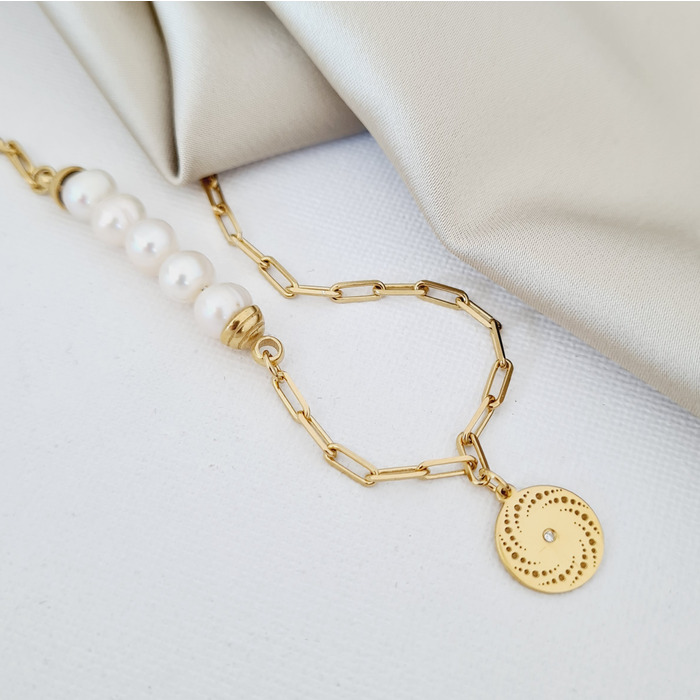 Lantisor cu perle - spirala de picaturi - model 5 perle imbinate cu un lant cu zale - diamant natural - argint 925 placat cu aur galben 18k