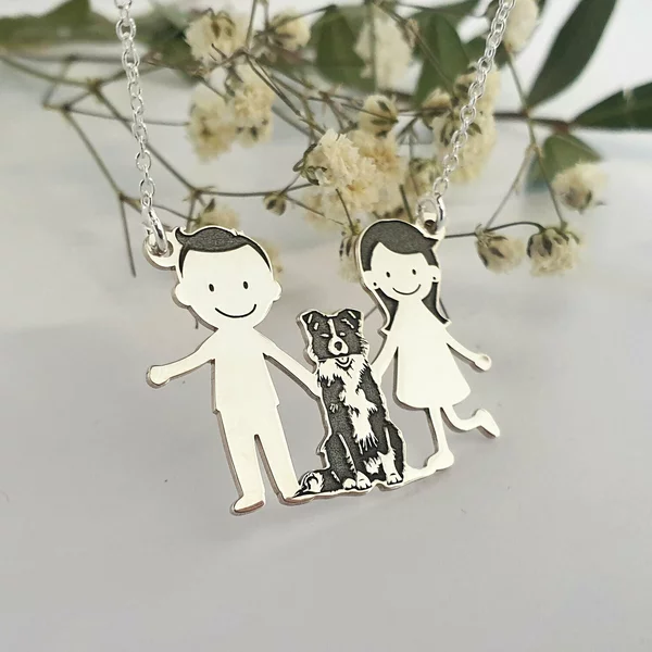 Lantisor Familie - 3 Membri cu Border Collie - Argint 925