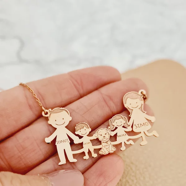 Lantisor Familie - 5 Membri cu Bichon - Argint 925 placat cu Aur Roz 18K