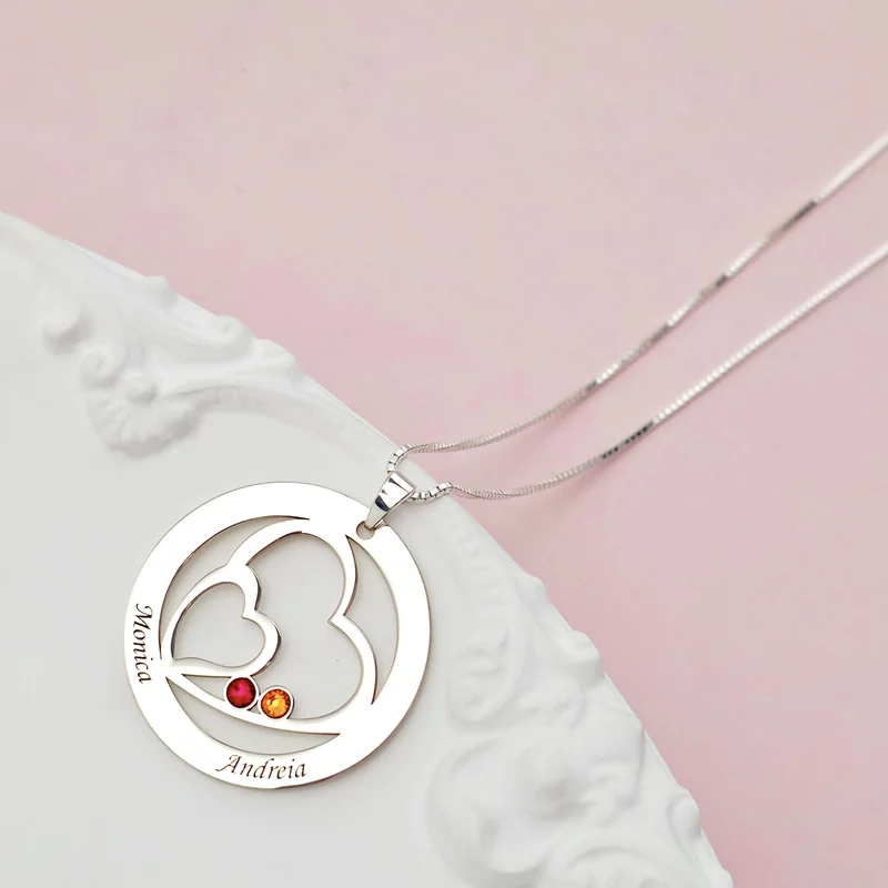 Lantisor Familie unita - Inimi in disc - 2 nume si cristale Swarovski - Argint 925 picture - 3