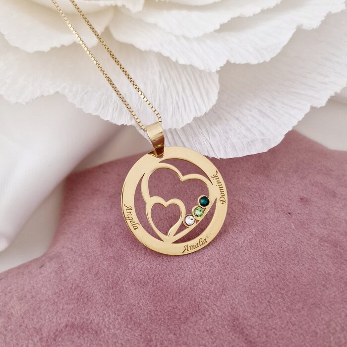 Lantisor familie unita - inimi in disc - 3 nume si cristale swarovski - argint 925 placat cu aur galben 18k