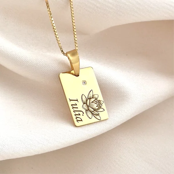 Lantisor Floarea mea - Diamant natural, nume si floarea lunii de nastere - Argint 925 placat cu Aur Galben 18K