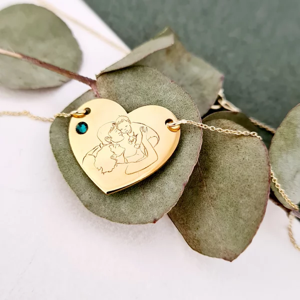 Lantisor Inima - personalizat cu siluete familie - Aur galben 14K - Cristal Swarovski