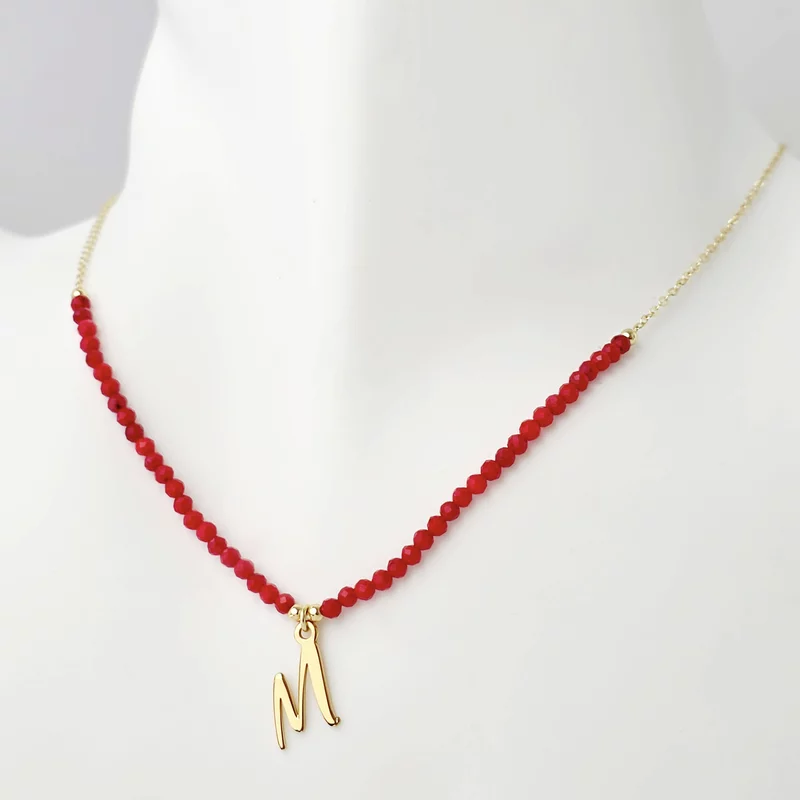 Lantisor Initiala - Pietre Coral & Initiala - Argint placat cu Aur Galben 18K picture - 2