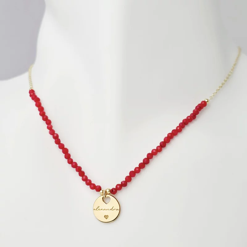 Lantisor Love Name - Pietre Coral & Pandantiv cu Nume si Inima - Argint placat cu Aur Galben 18K picture - 3
