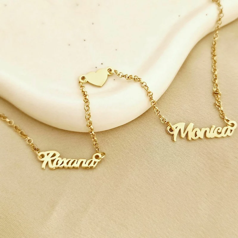 Lantisor personalizat Conexiune - 2 Nume si 1 Inimioara - Argint 925 placat cu Aur galben 18K picture - 2