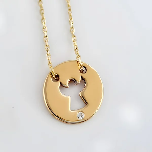 Lantisor personalizat cu Diamant natural - Pandantiv banut ingeras decupat - Aur Galben 14 K