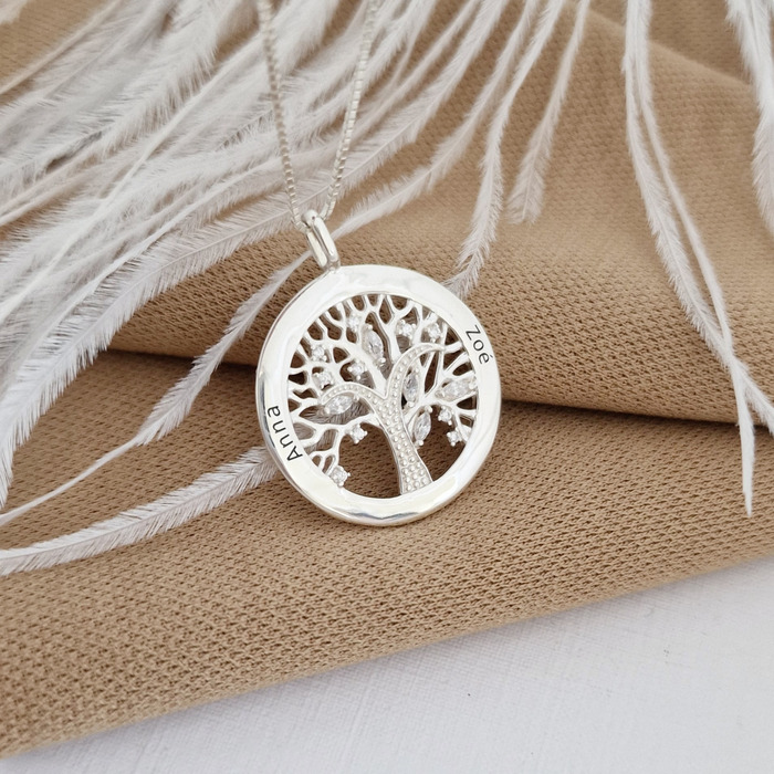 Poze Lantisor personalizat cu nume - Copacul Vietii decorat cu Zirconii albe - Argint 925