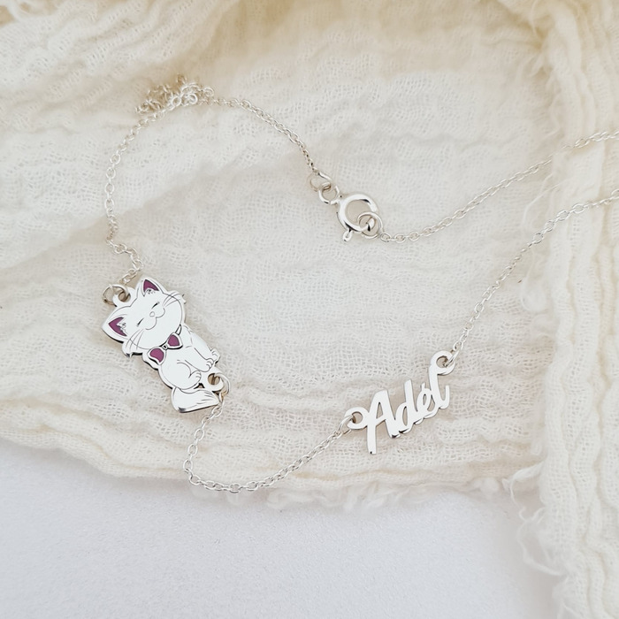 Chic Bijoux Lantisor personalizat cu nume si pandantiv lateral pisicuta cu fundita colorata cu email - argint 925