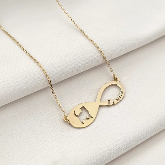 Lantisor personalizat - Infinite love - Pandantiv cu silueta de pisica si cu nume personalizat - Argint 925 placat cu Aur Galben 18K