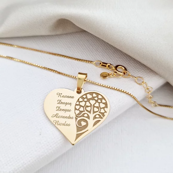 Lantisor personalizat - Pandantiv inima gravata cu nume si copacul iubirii - Argint 925 placat cu Aur Galben 18K
