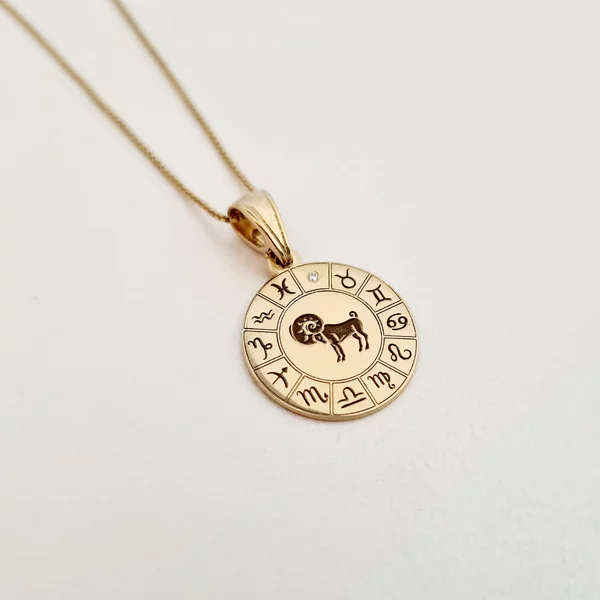 Lantisor personalizat - Roata zodiacala - Pandantiv de 20 mm cu Diamant natural - Argint 925 placat cu Aur Galben 18K