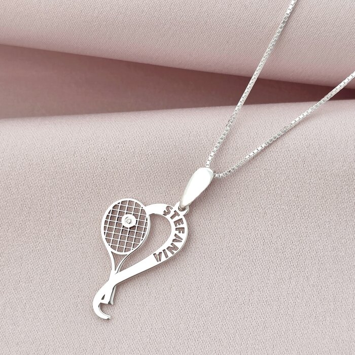 Lantisor Racheta de tenis si minge - nume personalizat Argint 925 - cristal Swarovski