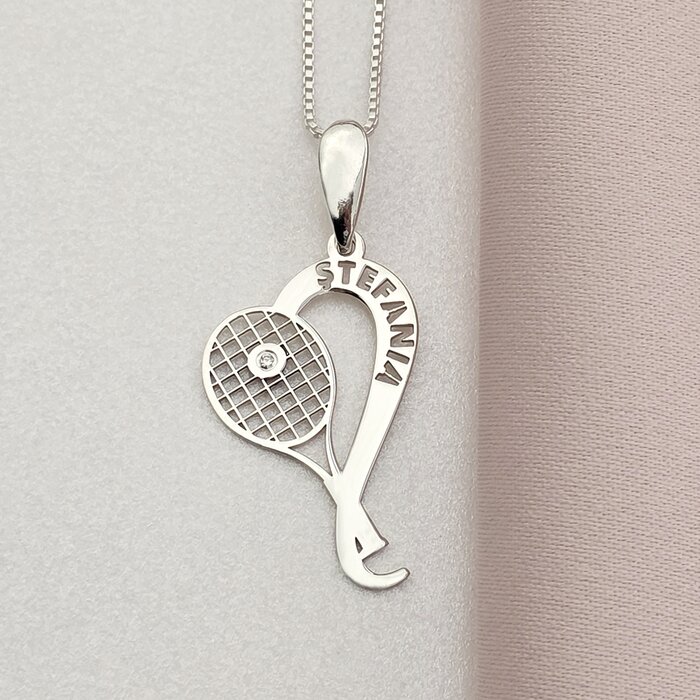 Lantisor Racheta de tenis si minge - nume personalizat Argint 925 - cu Diamant natural