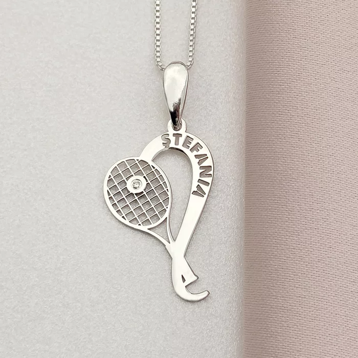 Lantisor Racheta de tenis si minge - nume personalizat Argint 925 - cu Diamant natural