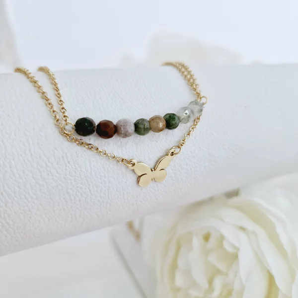 Lantisor Vitalitate - Eterna Transformare - Model 2 straturi cu pandantiv fluture si  Pietre semipretioase Agat - Argint 925 placat cu Aur Galben 18K