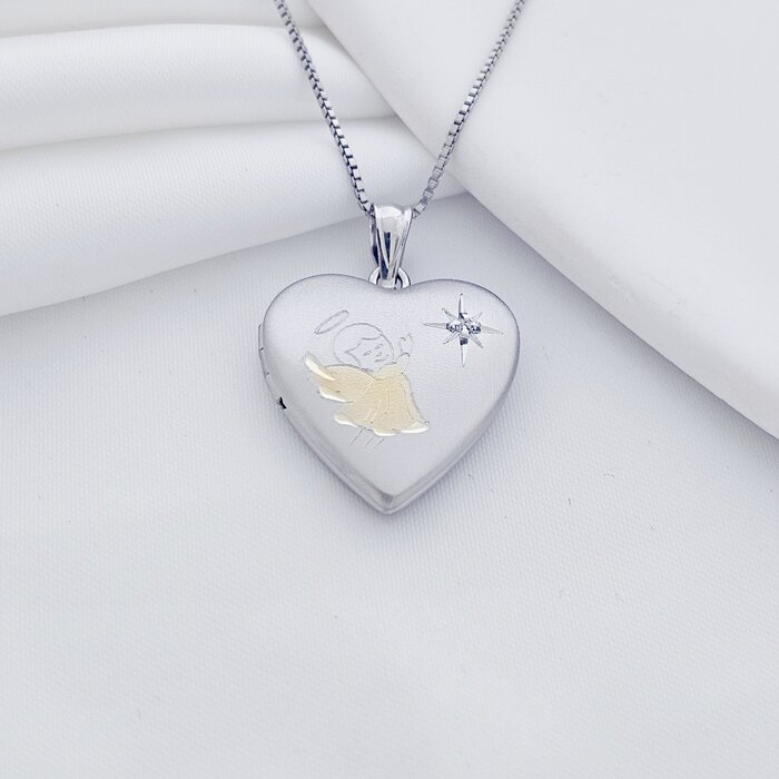 Medalion inima cu poze in interior - Praying Angel - Argint 925 rodiat & haina placata cu Aur Galben 18K - Cristal White Zirconia