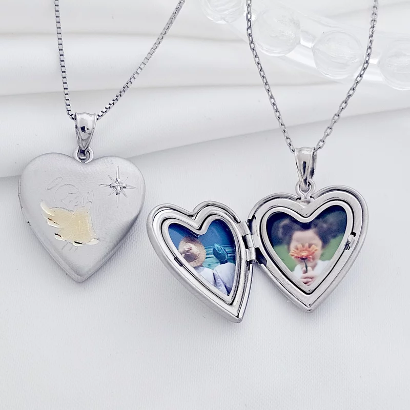 Medalion inima cu poze in interior - Praying Angel - Argint 925 rodiat & haina placata cu Aur Galben 18K - Cristal White Zirconia picture - 4