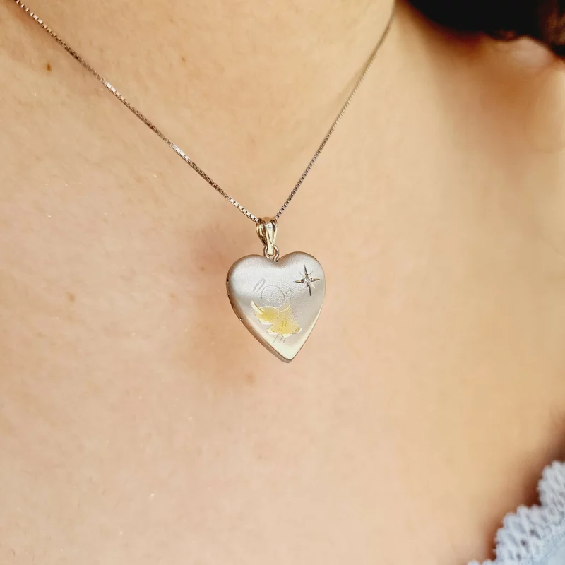 Medalion inima cu poze in interior - Praying Angel - Argint 925 rodiat & haina placata cu Aur Galben 18K - Cristal White Zirconia picture - 11