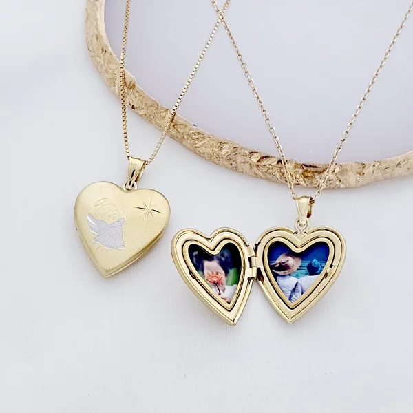 Medalion inima cu poze in interior - Praying Angel - Argint 925 rodiat & placat cu Aur Galben 18K