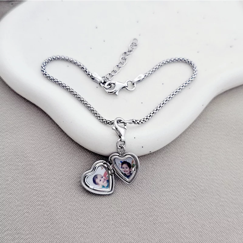 Bratara cu Medalion inima cu poze in interior - Silver&Gold Velvet - Lant bratara model snake - Argint 925 Rodiat picture - 5