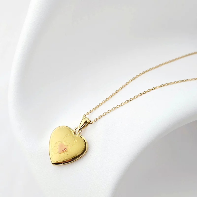 Medalion inima cu poze in interior - Teddy Pink Heart - Argint 925 placat cu Aur Galben 18K picture - 2
