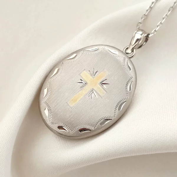 Medalion oval cu poze in interior - Gold Cross - Argint 925 rodiat & cruce placata cu Aur Galben 18K