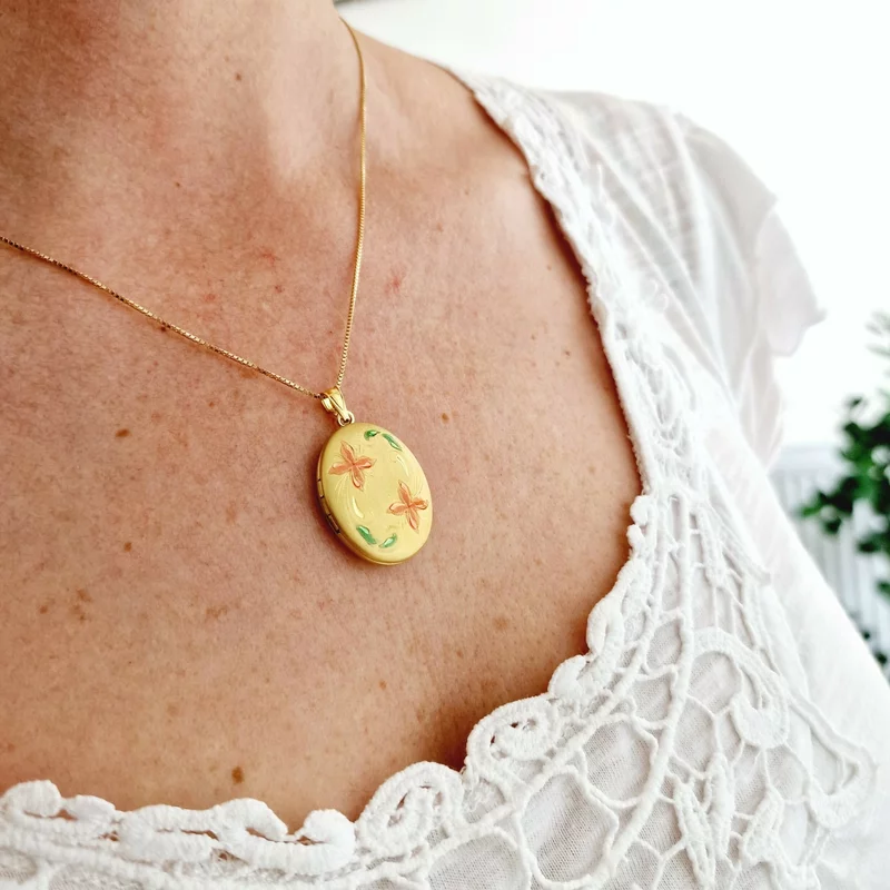 Medalion oval cu poze in interior - Pink Flowers - Argint 925 placat cu Aur Galben 18K picture - 15