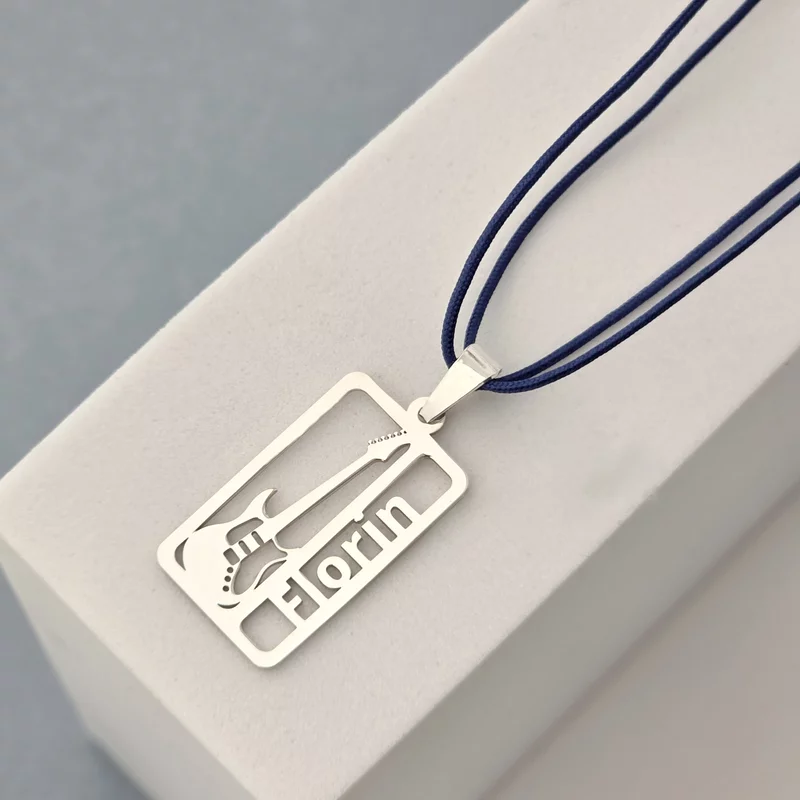 Pandantiv placuta - cu nume decupat si simbol chitara - Argint 925 - Snur colorat picture - 2