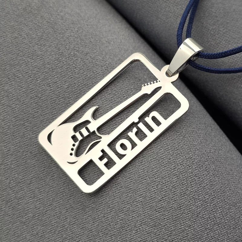 Pandantiv placuta - cu nume decupat si simbol chitara - Argint 925 - Snur colorat picture - 1