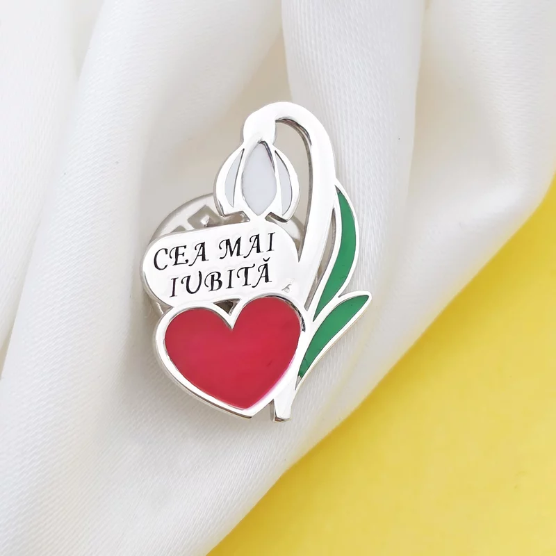 Pin Ghiocel - Personalizat cu inima colorata si text - Argint 925 picture - 3