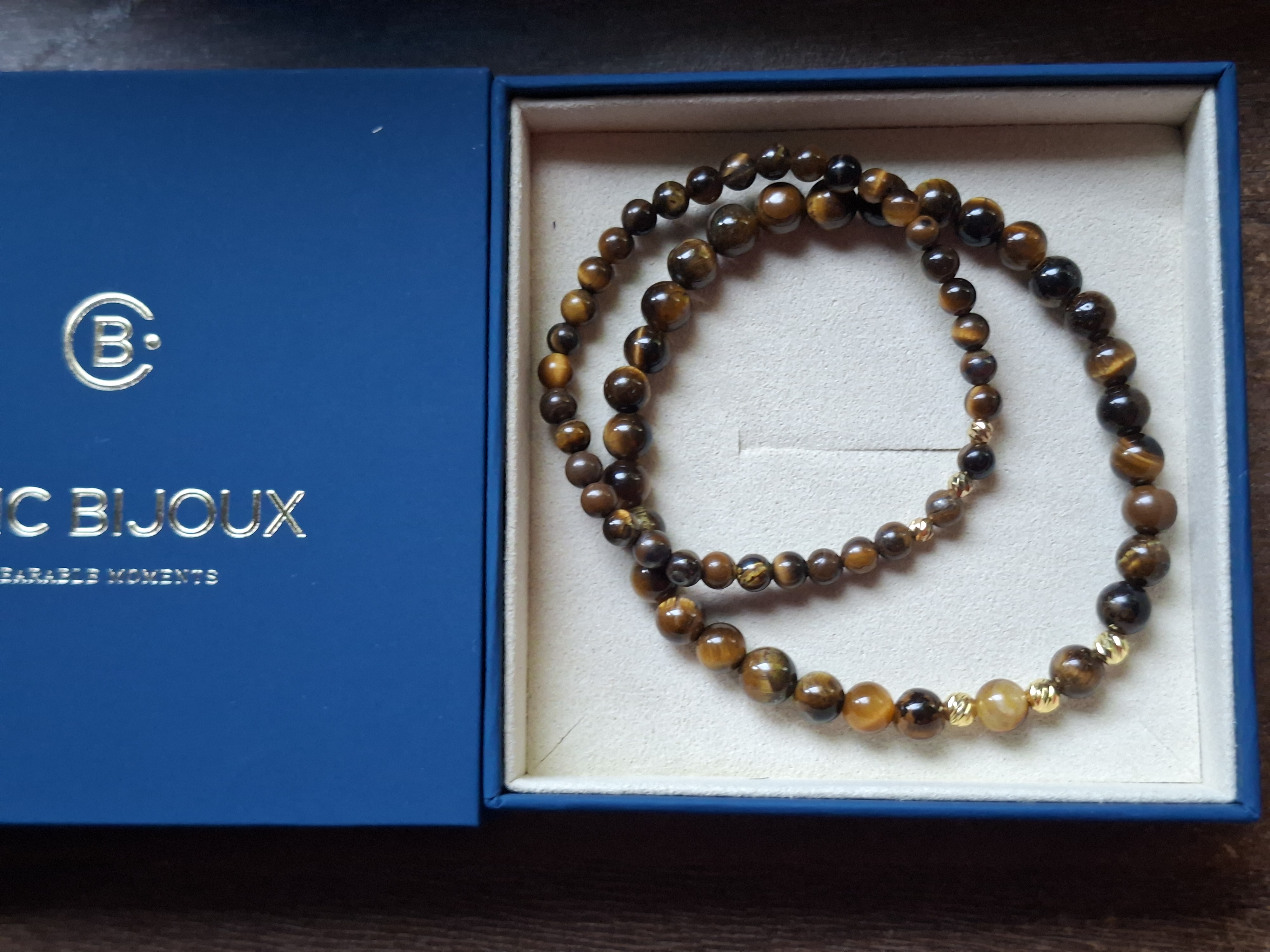 Recenzie Set 2 bratari din pietre Ochi de Tigru - Bilute din Argint 925 placate cu Aur galben 18K - Snur elastic - M N.