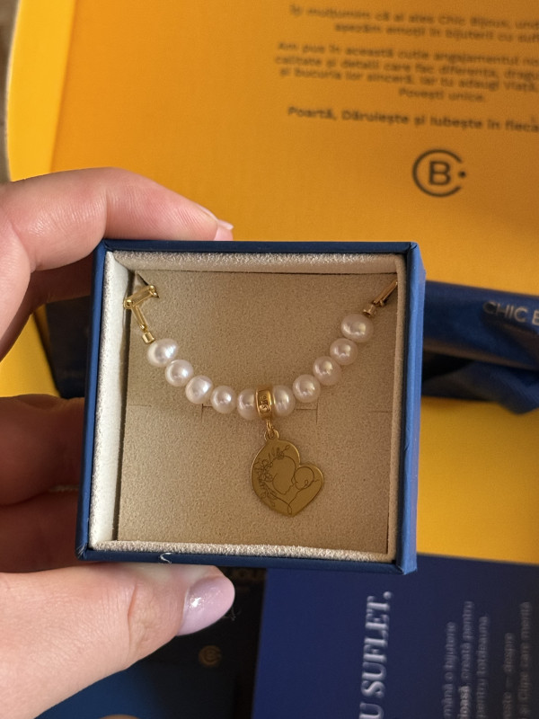 Recenzie Bratara Perlele Iubirii Materne - Model cu lant zale dreptunghiulare, charm inima si perle - Argint 925 placat cu Aur galben 18K - Nico Panca