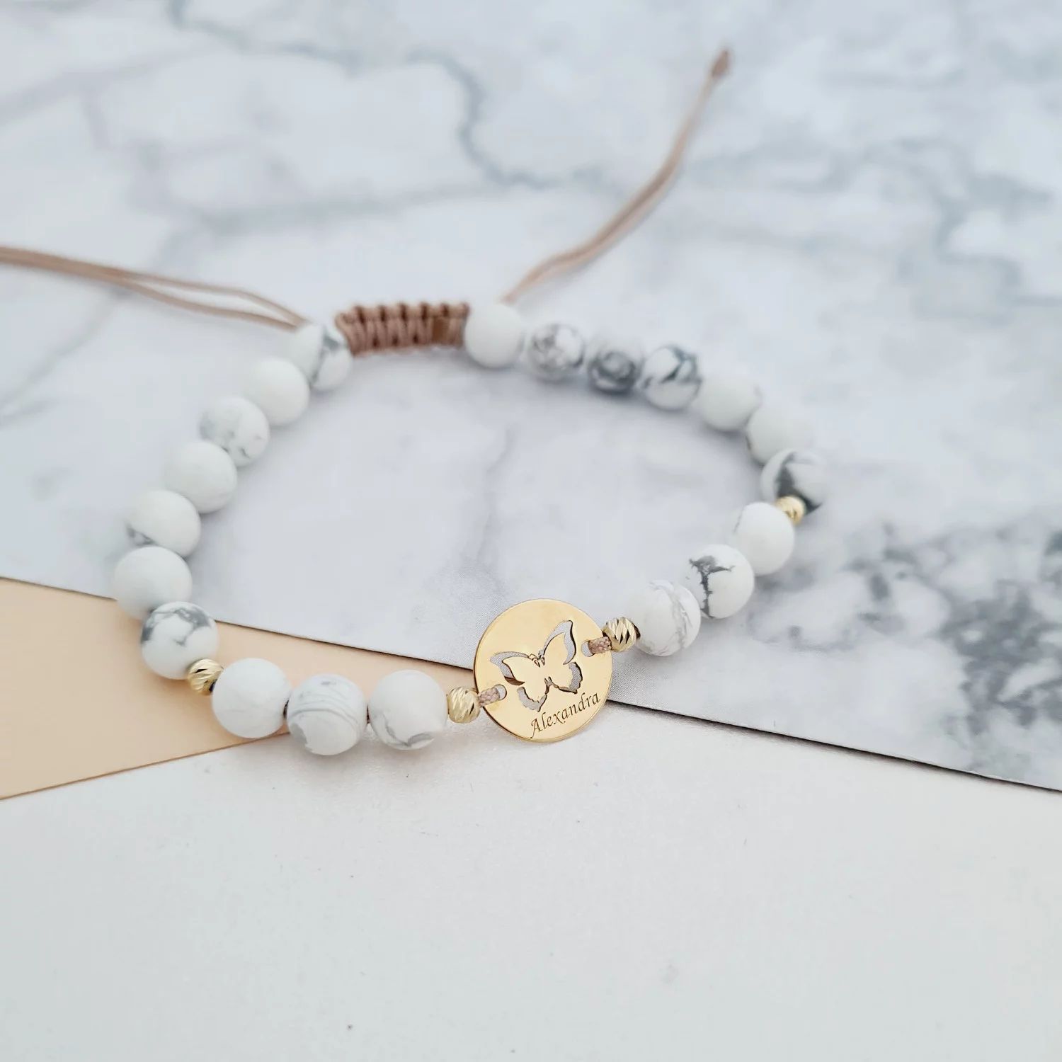 Bratara personalizata - Fluture decupat - Banut 12 mm si 4 bilute din Aur Galben 14K - Pietre semipretioase