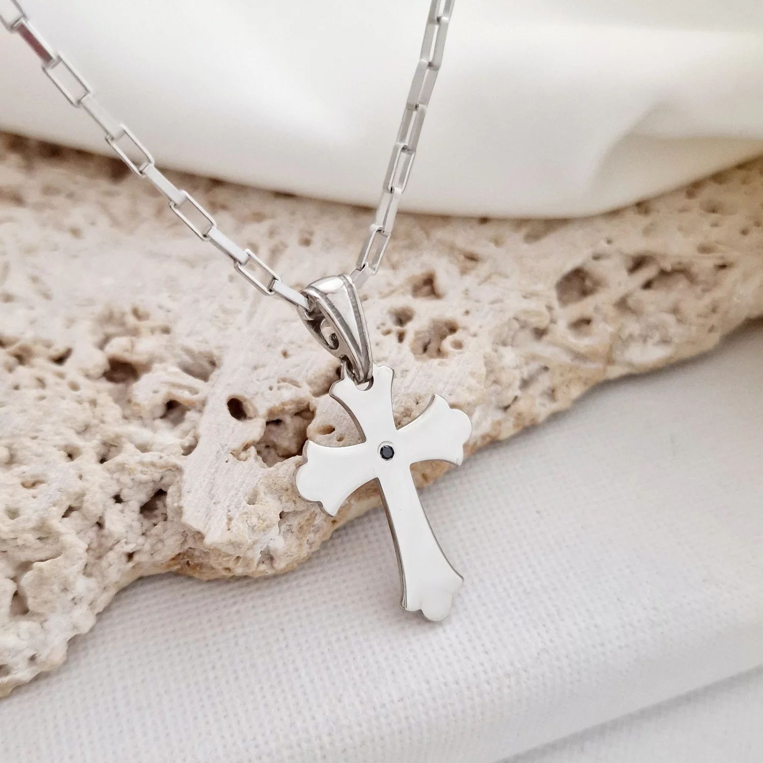 Lant pentru el cu Diamant natural - Pandantiv Cruce - Argint 925 Rodiat - Lant barbatesc zale