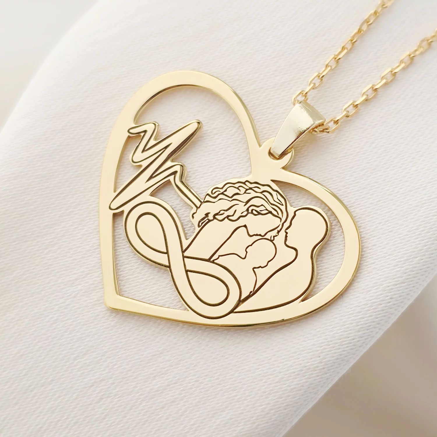 Lantisor IMPREUNA - Credinta invinge - Pandantiv inima cu familie, puls & infinit - Argint 925 placat cu Aur Galben 18K
