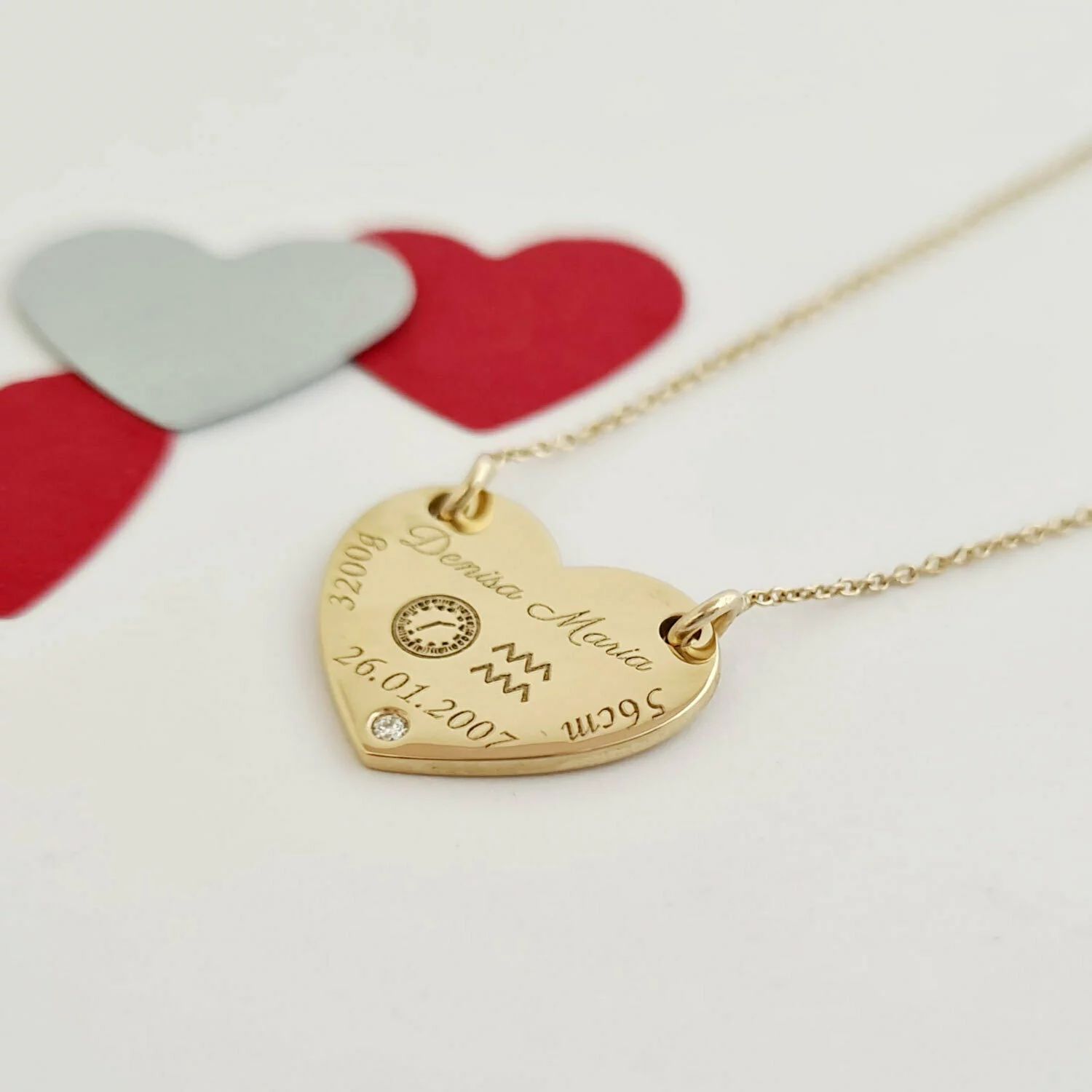 Lantisor personalizat cu Diamant natural - Inima 15 mm - Botez - Aur Galben 14K
