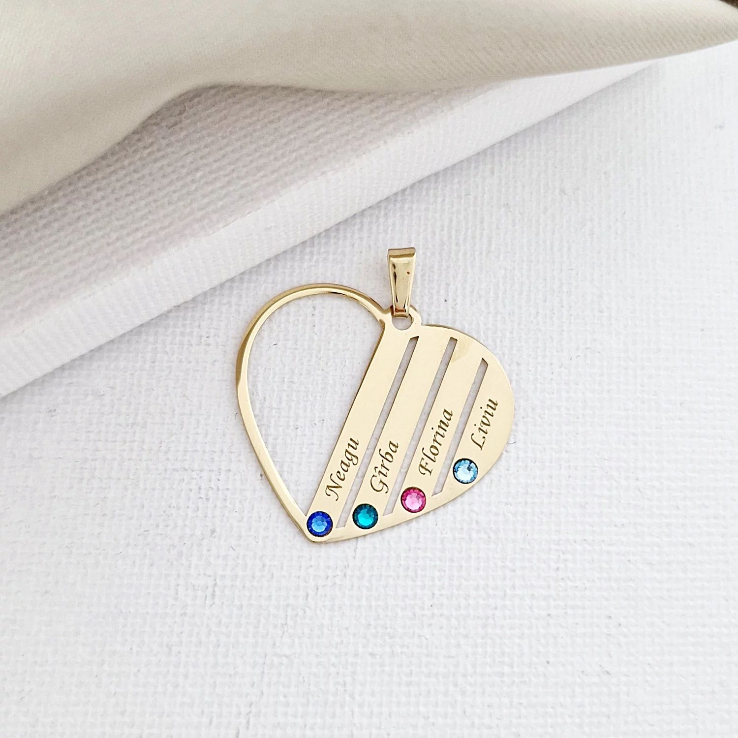 Pandantiv Familie Inima - 4 membri - Aur Galben 14 k cu cristale SwarovskI