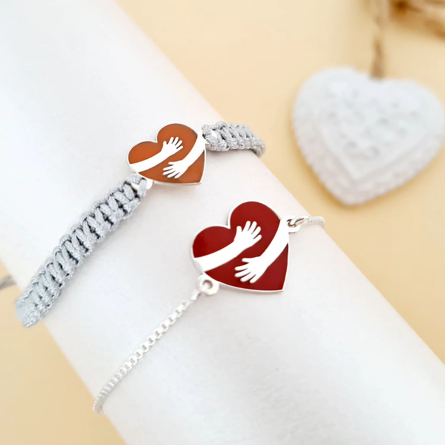 Set 2 bratari - Dor de tine - Inima colorata cu email - Argint 925 - Lantisor glisant si snur reglabil impletit