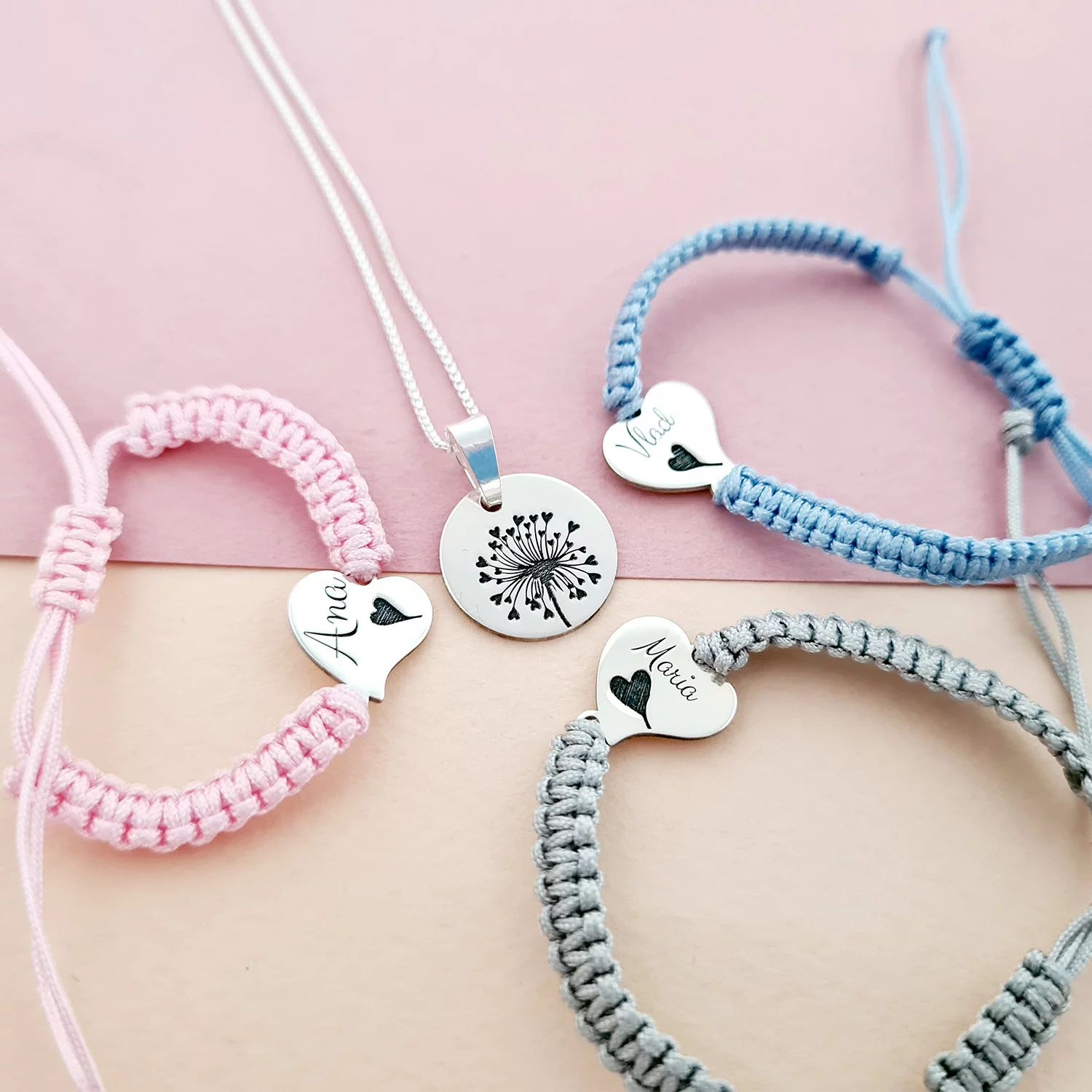 Set papadie - Lantisor cu pandantiv banut - 3 bratari inima personalizate cu nume - Bratari snur impletit - Argint 925