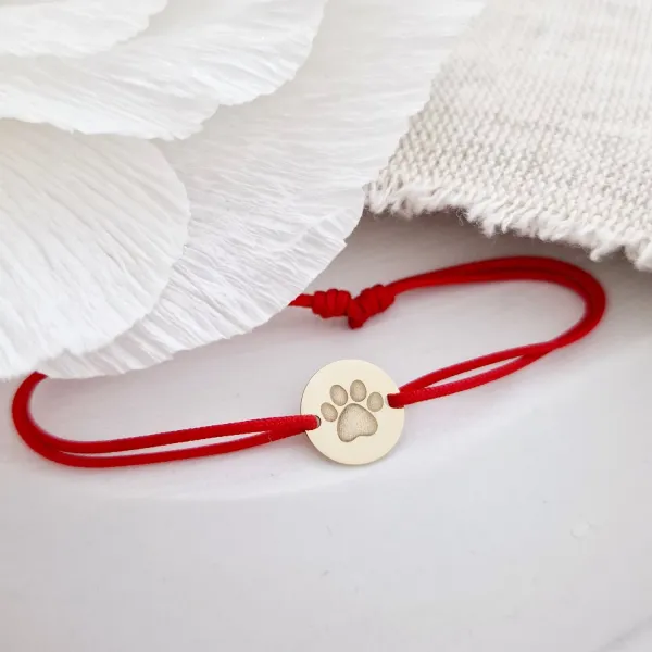 Bratara banut 10 mm - Gravat cu labuta - Aur Galben 14K - snur reglabil