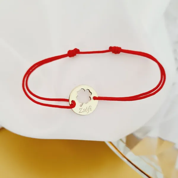 Bratara Good luck - Trifoi decupat si nume - Aur Galben 14K - Snur reglabil, diverse culori