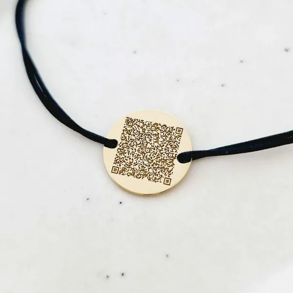 Bratara banut personalizata cu QR code - Argint 925 placat cu Aur Galben 18K  si snur reglabil, diverse culori