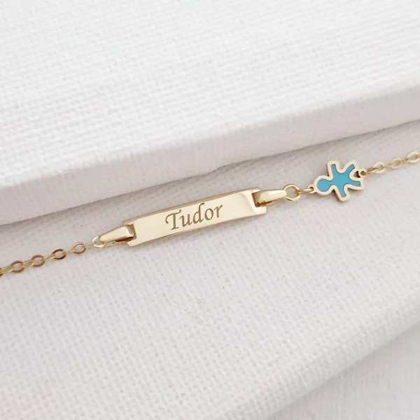 Bratara bebe - Personalizata cu nume - Placuta cu baiat si lant gros - Aur Galben 14K si Blue Mother of Pearl