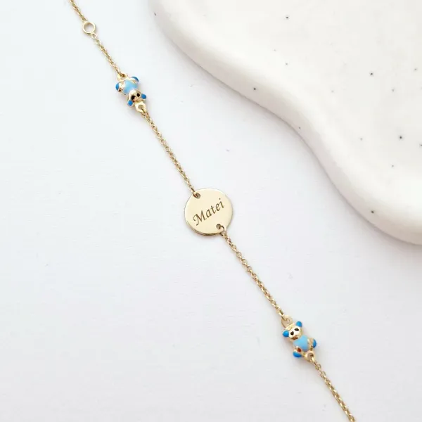 Bratara Chic Baby - Banut personalizat si Ursuleti cu email albastru - Lantisor ajustabil - Aur Galben 9K