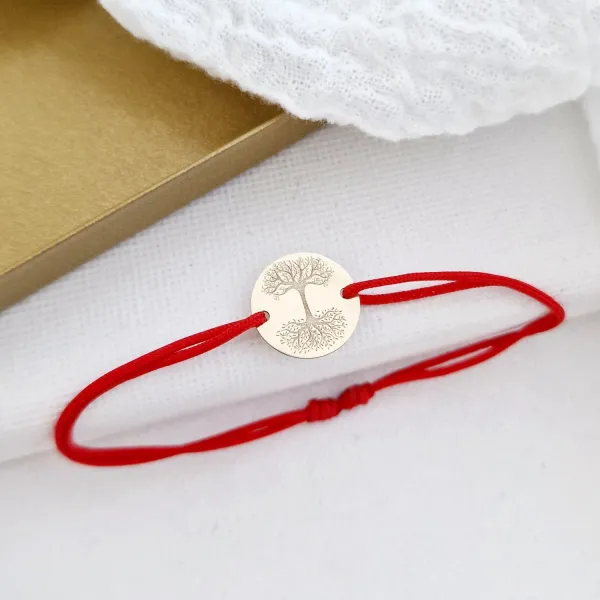 Bratara Copacul Vietii Oglindit - banut 12 mm - Aur Galben 14 K - snur reglabil