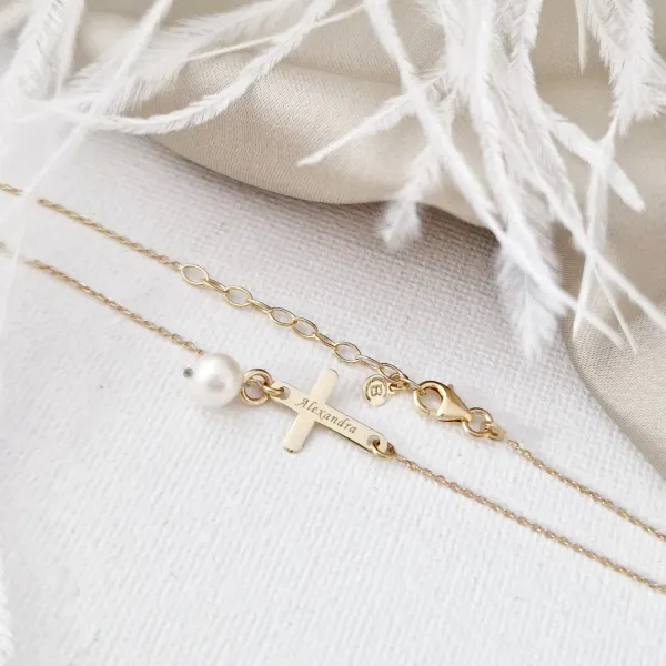 Bratara cruce cu picatura de Perla - Model cu lantisor elegant - Aur Galben 14K
