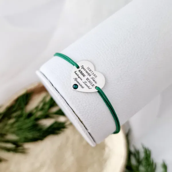 Bratara festiva - Măreția Cuvintelor - Inima gravata si cristal Swarovski - Argint 925 - Snur reglabil